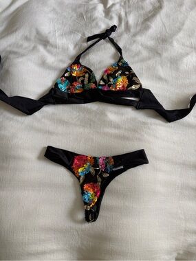 Black Sequin Embroidered Bikini Set